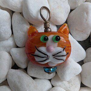 Vintage 90s Handmade Glass Lampwork Bead - Murano Glass - Tabby Cat